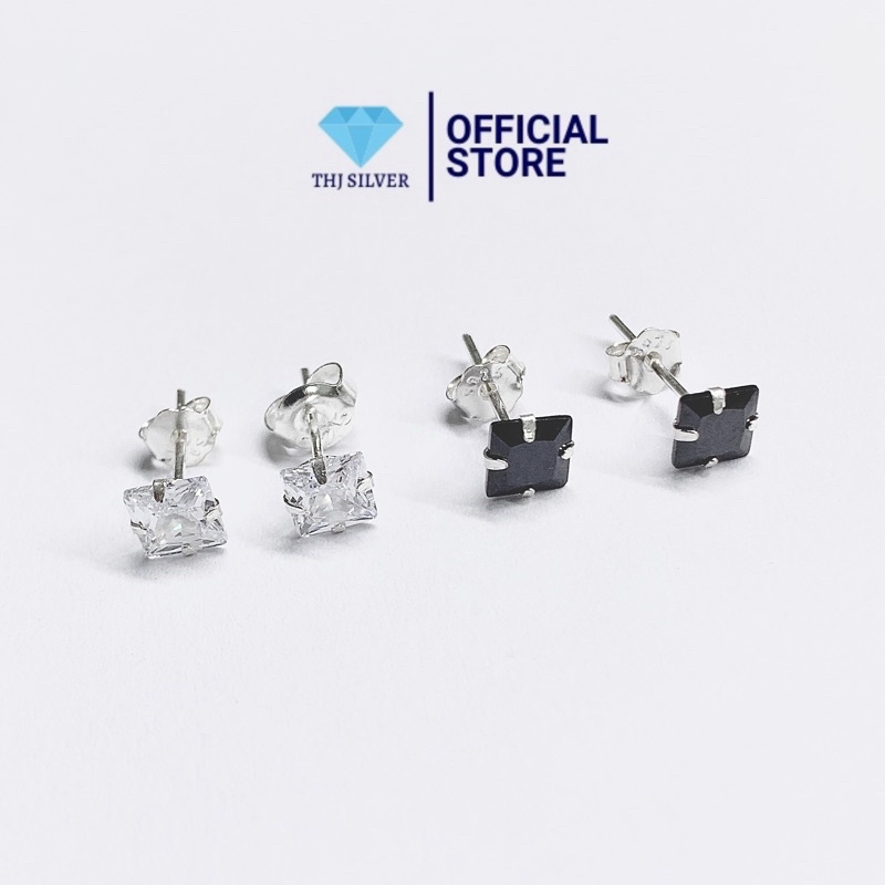 Bông tai nụ đá vuông trắng và đen bạc ta-thj silver
