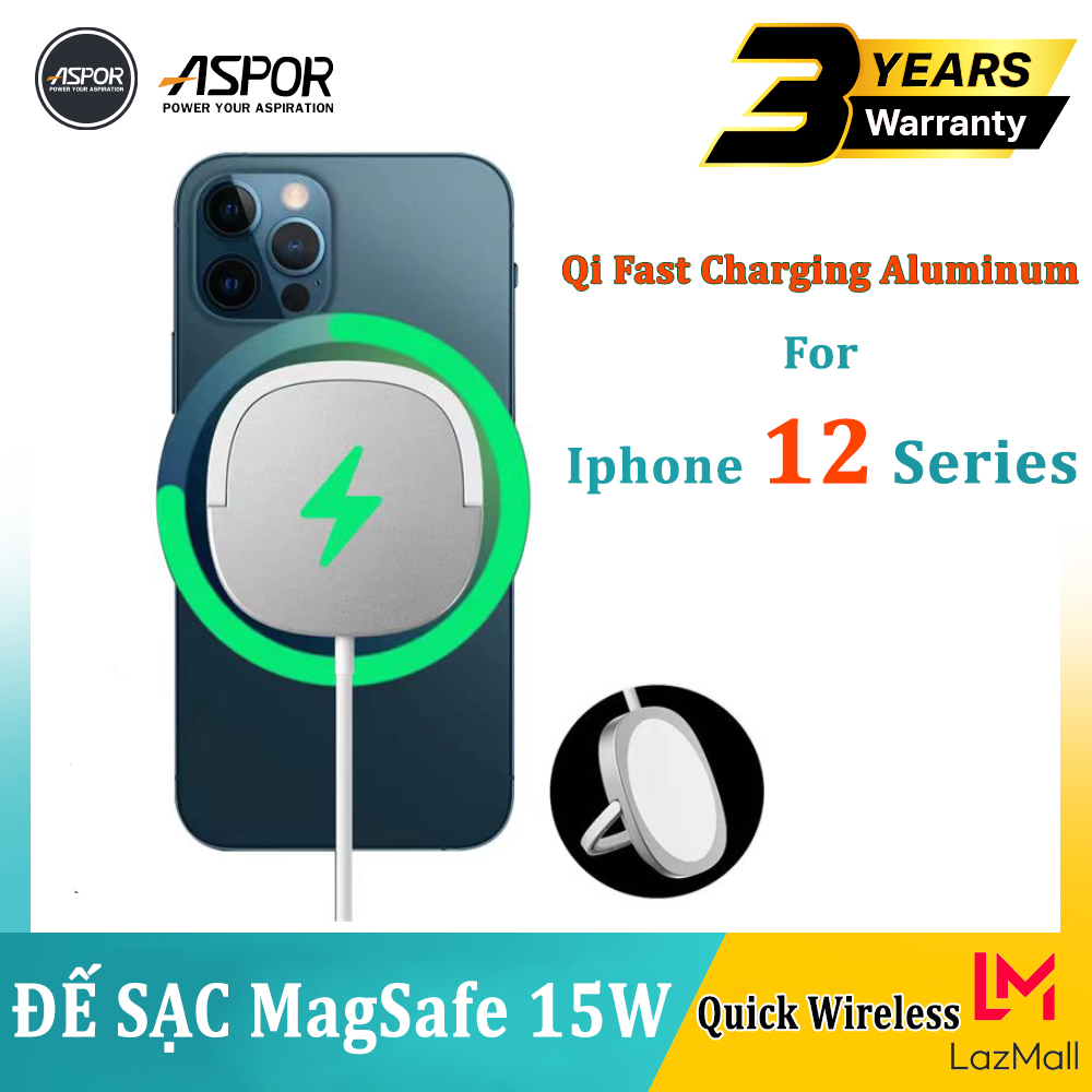 ASPOR - BẢO HÀNH 3 NĂM 1 ĐỔI 1- Bộ sạc không dây cho iphone 12 series - Đế sạc không dây MagSafe chính hãng 15W Quick Wireless Qi PD Charger -Sạc không dây cho gia đình nhà TÁO - Cáp kết nối Type-C Thế Hệ Mới, An Toàn Tiện Lợi
