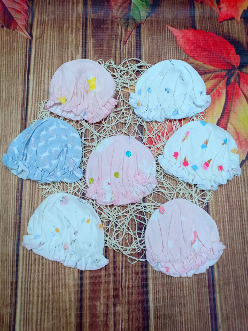 Set 02 Mũ vải cotton nhún bèo cho bé gái từ 0-3 tháng