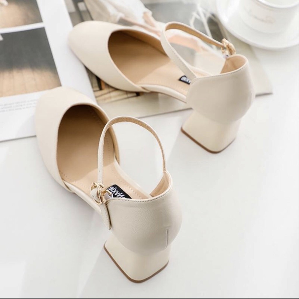 ✔♕ Giày Mũi Nhọn Mã C4 Phối Dây Hở Gót Cao 5cm (BÍT HẬU)