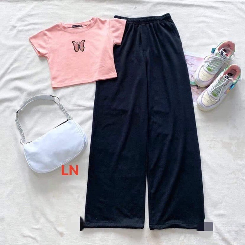 Sét áo crt bướm + quần rộng dài th6, sét bộ unisex cá tính, sét bộ mặc ở nhà cho nam và nữ, áo thun nam nữ, quần suông ống rộng - mody