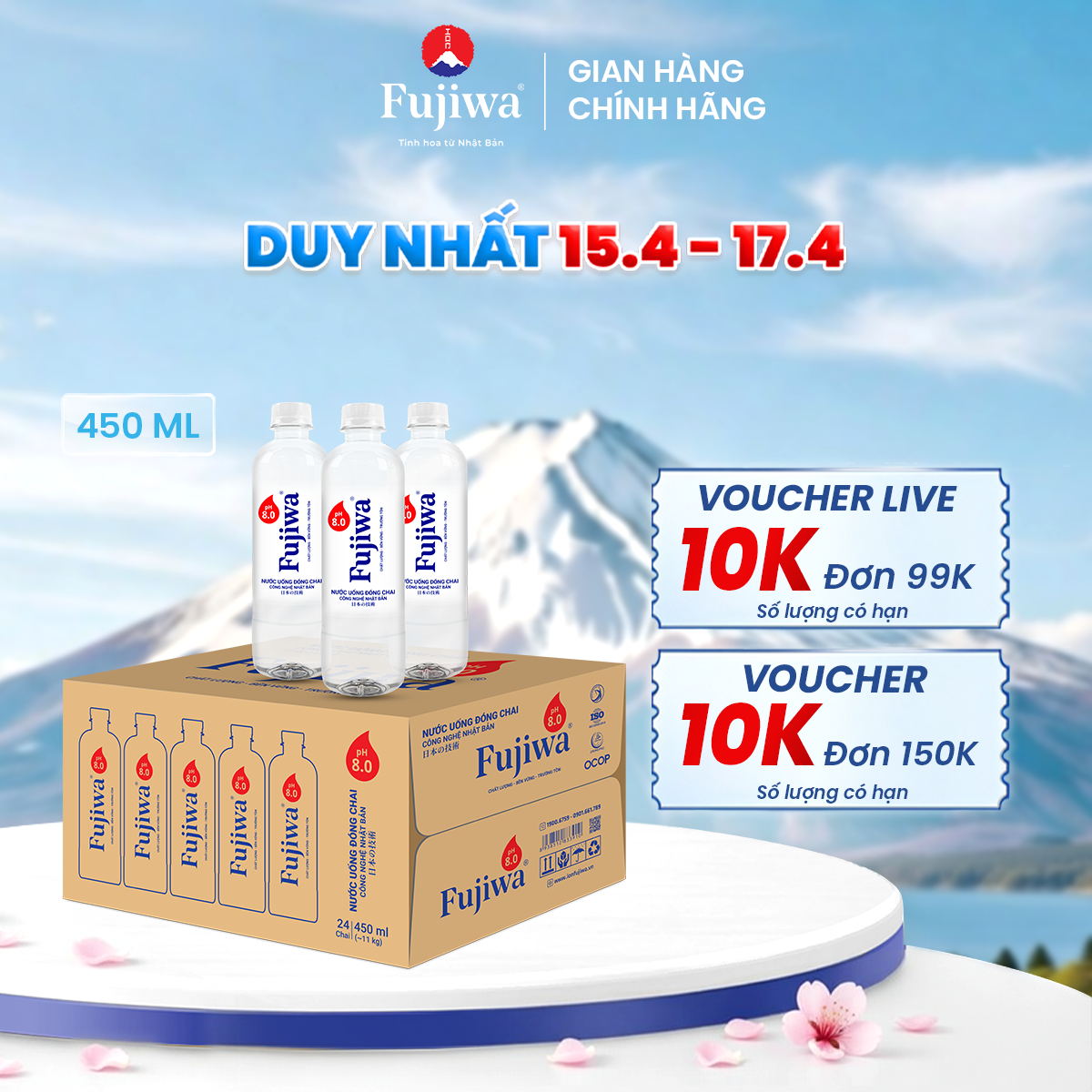 Fujiwa Nước Tinh Khiết Đóng Chai pH8 - thùng 24 chai 450ml Giàu vi khoáng tự nhiên bổ sung kiềm nhẹ