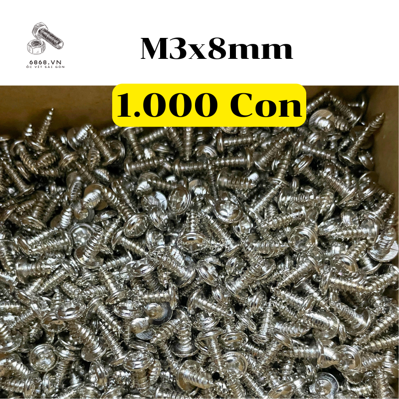 [Túi 1.000 Con] Ốc Vít M3x8 Đầu Long Đền Liền Màu Trắng Bạc Chống Rỉ Tốt – Vít Nhọn Tự Bắt Linh Kiện Điện Tử