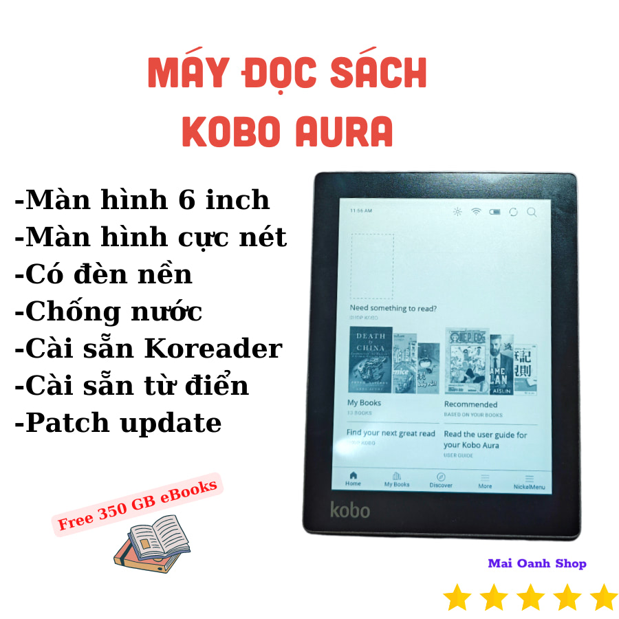 Máy đọc sách kobo aura 6 inch có đèn nền, cài sẵn koreader, patch update