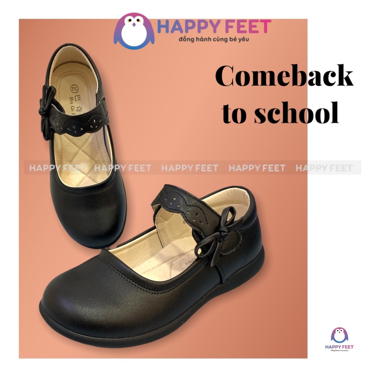 Giày bít mũi da mềm cho bé gái đi học - Happy Feet No87x, giày búp bê đen đồng phụcVin