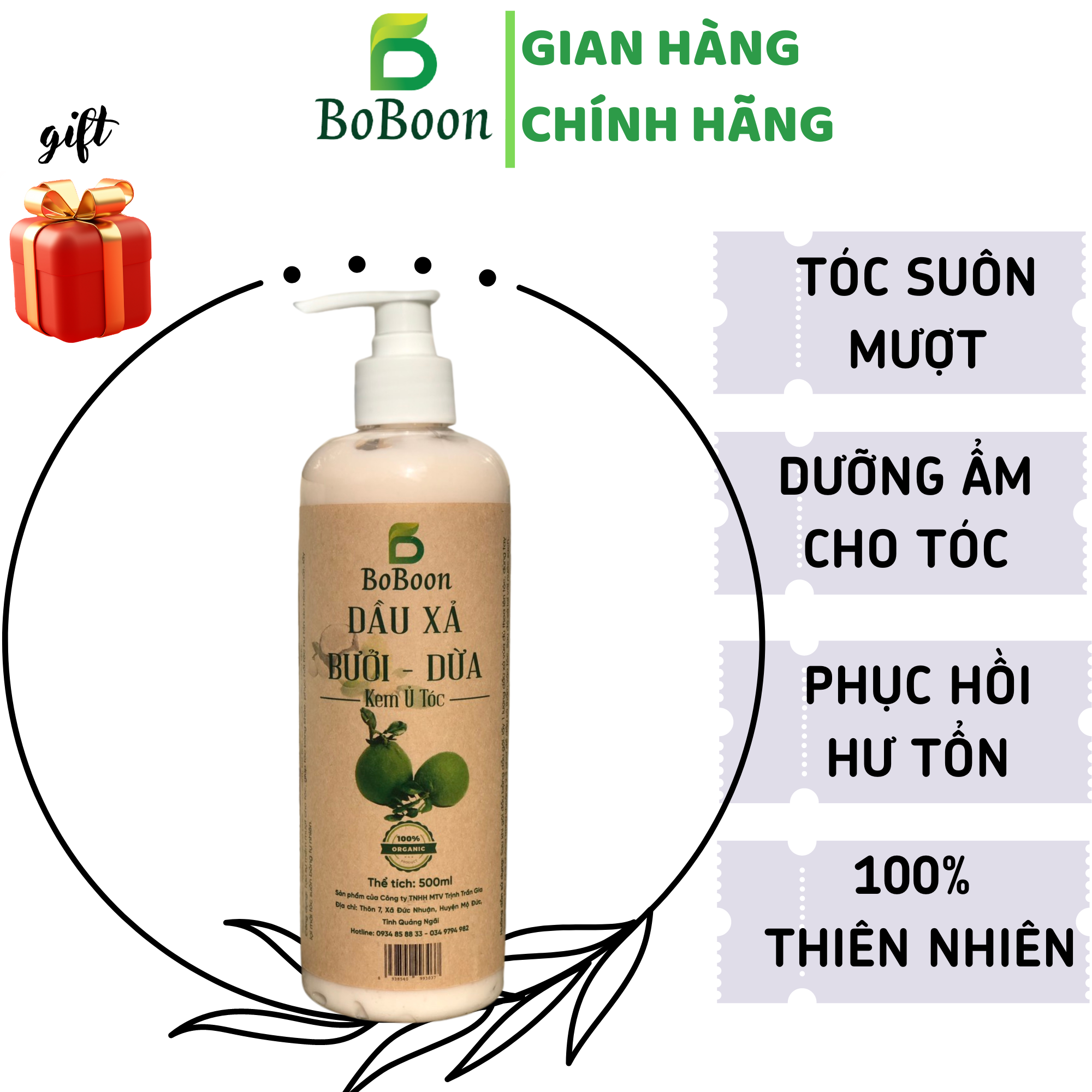 Dầu xả Kem ủ thiên nhiên Boboon tinh chất bưởi dừa oliu dưỡng tóc mềm mượt, phục hồi tóc hư tổn, cấp ẩm cho tóc 250ml và 500ml