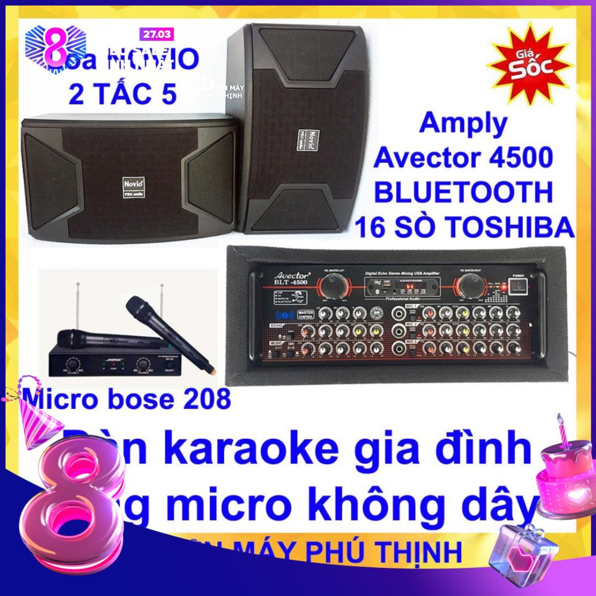[Trả góp 0%]Dàn karaoke gia đình Dàn karaoke gia đình hay Dàn karaoke giá rẻ CẶP LOA NOVIO 2T5 VÀ AMPLY KARAOKE BLUETOOTH AVECTOR 4500 TẶNG 2 MICRO KHÔNG DÂY