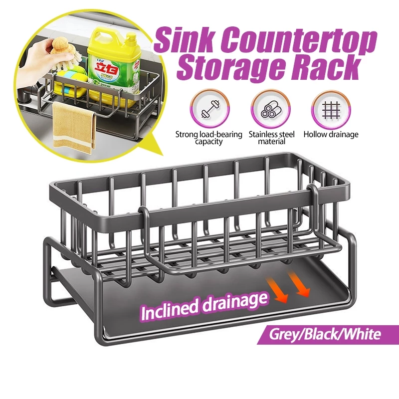 Giá Đựng Mút Rửa Chén Ráo Nước Đa Năng,Giá inox 304 để đồ rửa chén bát kèm khay hứng nước cao cấp