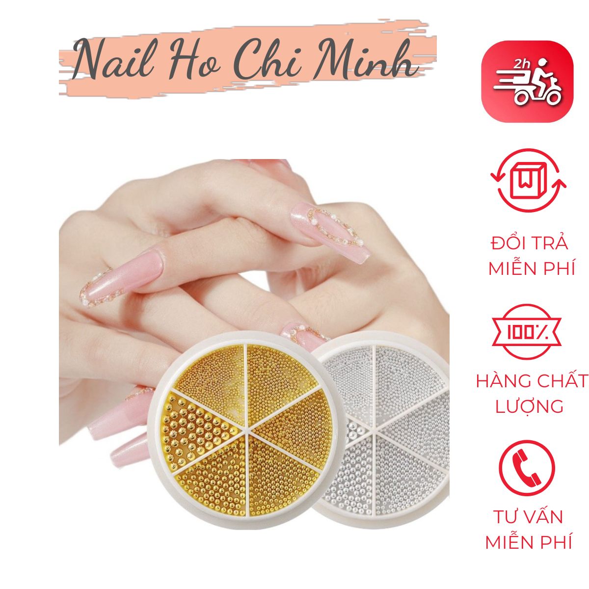 [HCM]Set Bi Trang Trí Móng Kim Loại Khay Tròn 6 ngăn Mix Size