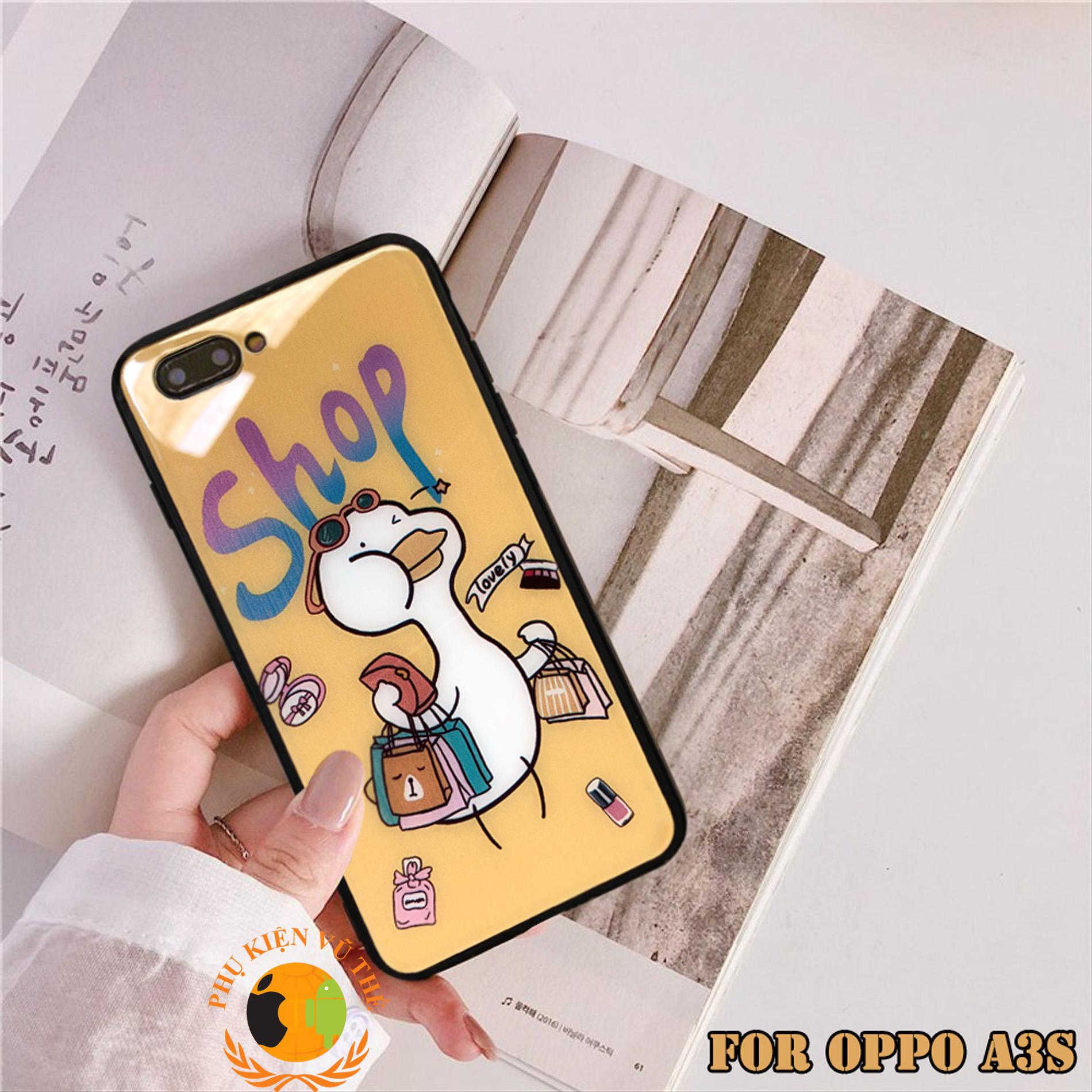 Ốp Lưng Oppo A3s Hoạt Hình Vịt Shopping Kính Cường Lực Siêu Bền, Sang Trọng, Lấp Lánh