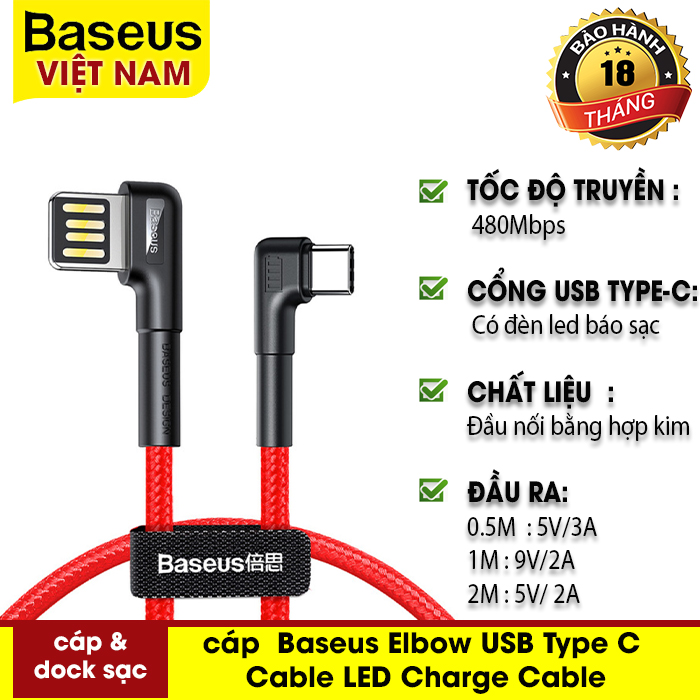 Baseus Elbow USB Type C Cable LED  Dành Cho Xiaomi Redmi Note 9 S 8 Pro Sạc Nhanh 3.0