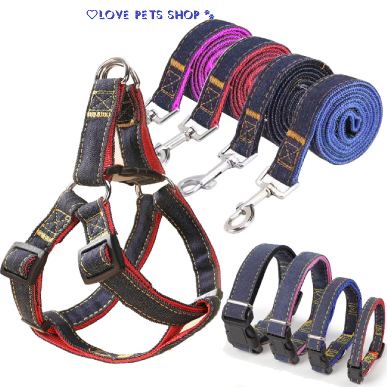 Bộ dây dắt cho Chó Mèo kèm yếm dây bằng vải jean 2 lớp - Love Pets Shop
