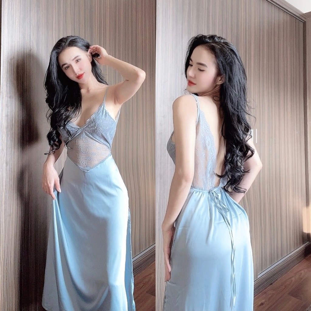Đầm ngủ dáng dài 2 dây phối ren sexy xẻ tà lụa latin cực mát freesize