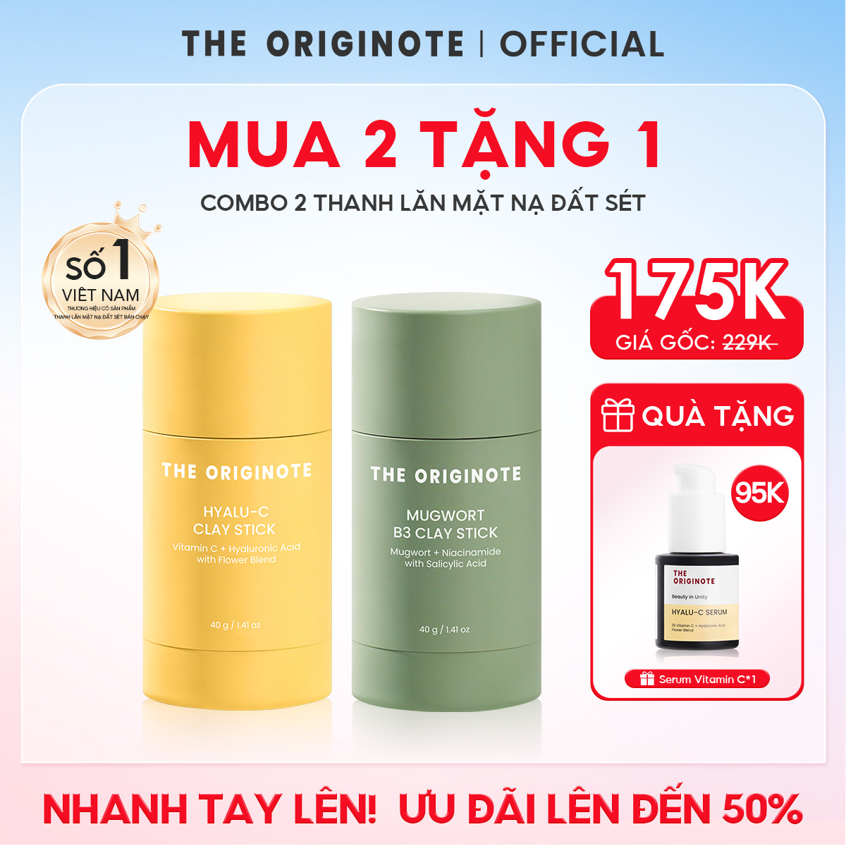   MUA 2 TẶNG 1  Combo 2 Thanh lăn mặt nạ đất sét Hyalu-C và Mugwort The Originote làm săn chắc dan lột mụn đầu đen Trắng 