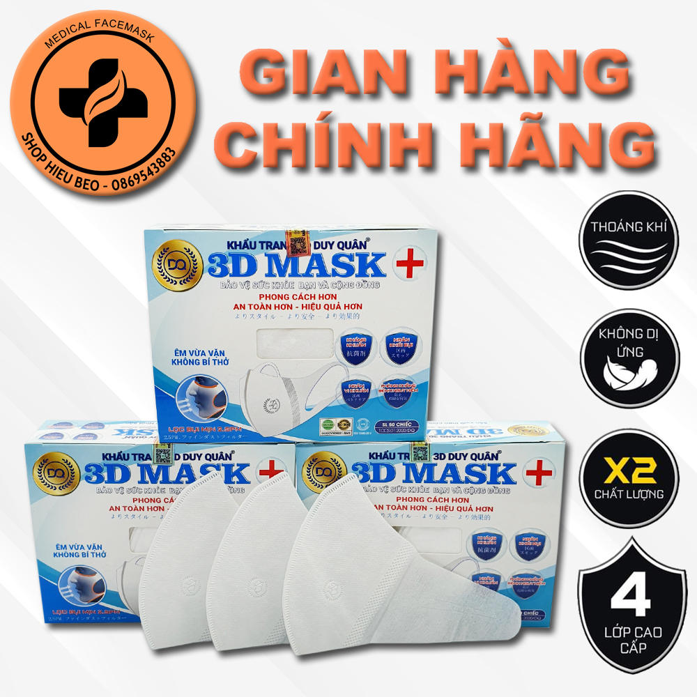 (3d) khẩu trang 3d màu trắng duy quân hộp 50 chiếc công nghệ nhật