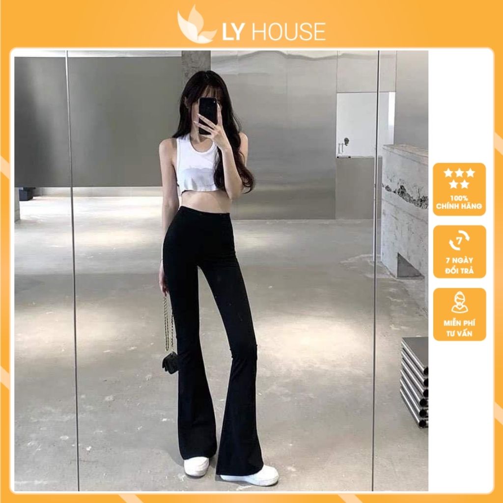 Quần ống loe nữ màu đen lưng cao vải co dãn bốn chiều siêu hách dáng - Ly House Store