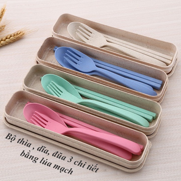 Bộ thìa,dĩa,đũa,muỗng cá nhân bằng lúa mạch có hộp đựng
