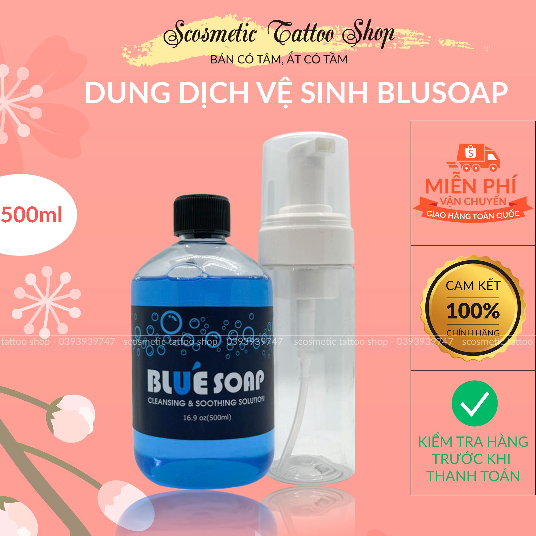 Dung dịch tạo bọt Blue soap 500ml siêu đặc giúp lau chùi mực vệ sinh da trước và sau xăm