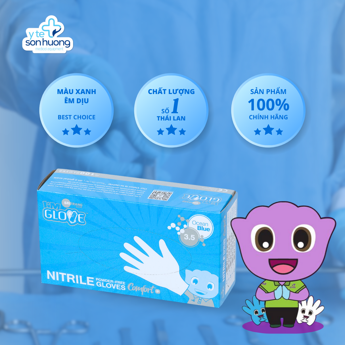 Găng tay y tế cao cấp nitrile không bột i'm gloves comfort+ 3.5gr găng tay thái lan màu xanh dương size s m l hộp 100 chiếc nhám đầu ngón tay