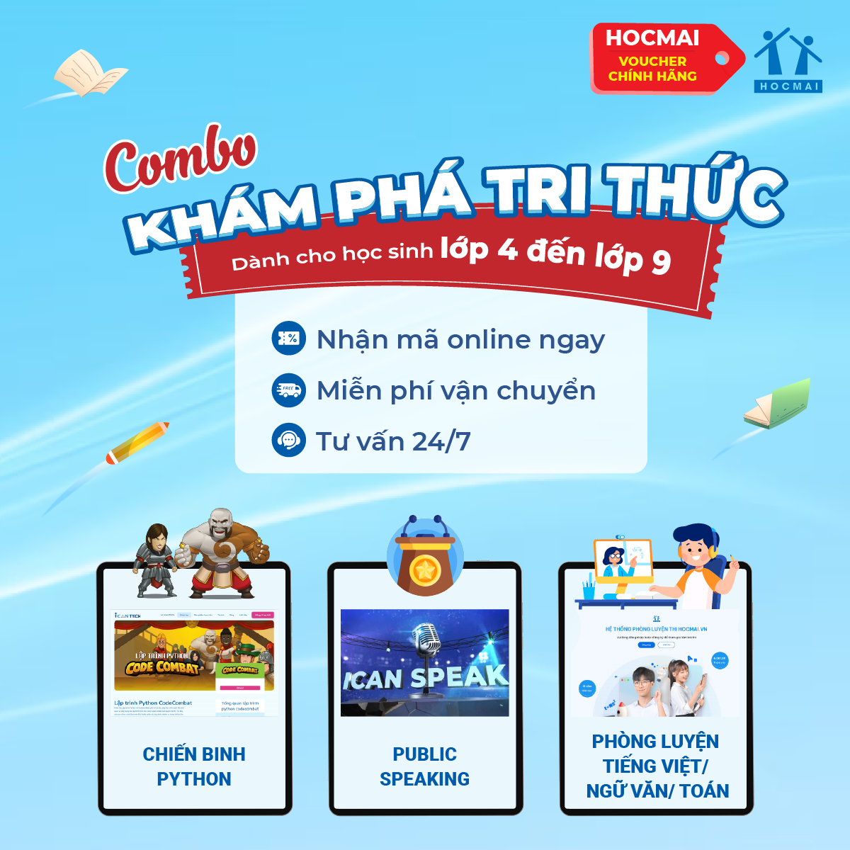 HOCMAI Combo Khám phá tri thức:Khóa học lập trình Python - Thuyết trình Tiếng Anh - Phòng luyện - Toàn quốc [Voucher]