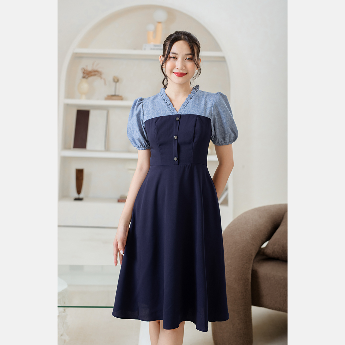 Đầm xòe cổ tim nhún bèo phối màu - Eden Fashion Store - D488