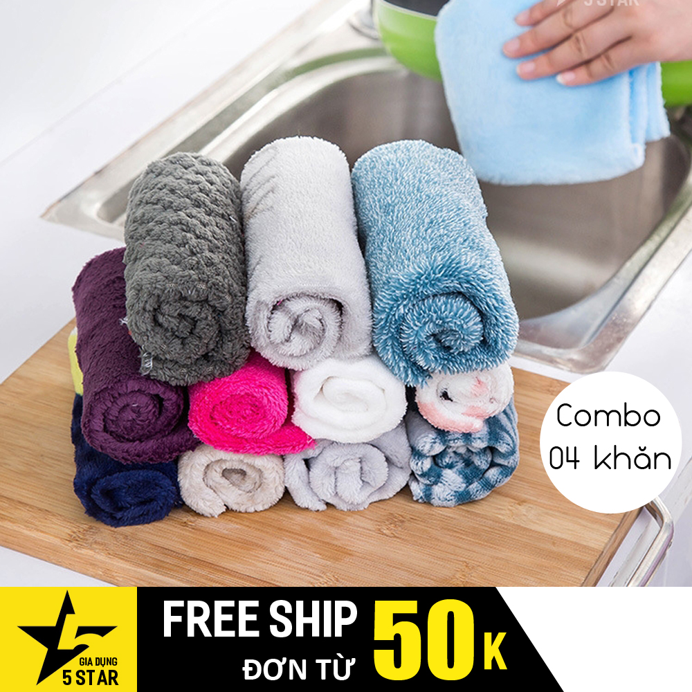 Bộ 04 khăn lau vệ sinh nhà bếp, lau đĩa, chén bát, lau ô tô tiện dụng cả 2 mặt 5STAR