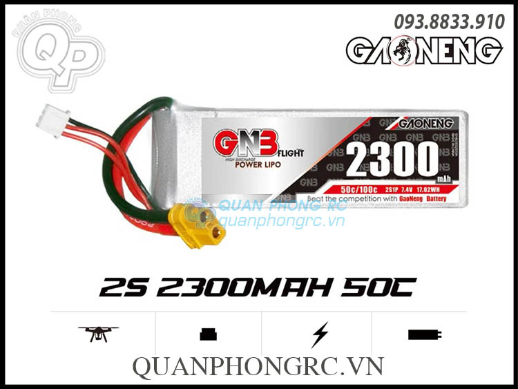 Pin LiPo GNB 2300mAh 2S 50C 7.4V XT60 Plug dành cho máy bay điều khiển