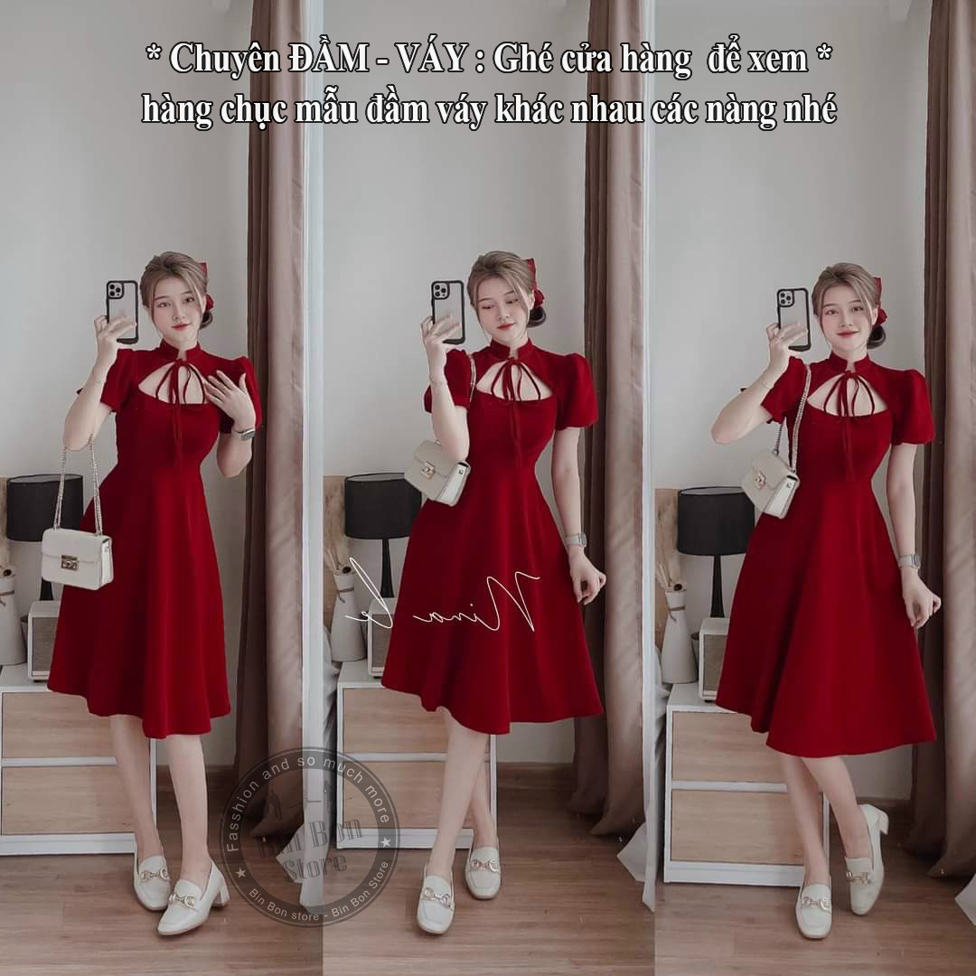 Đầm nữ dự tiệc cổ xòe cột nơ chất vải nhung cao cấp và sang chảnh