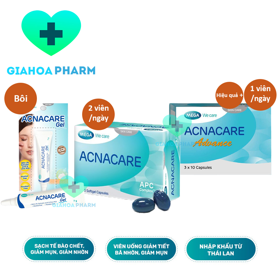 Viên uống, gel Acnacare (Thường / Advance) giảm mụn, kiềm dầu, giảm tiết bã nhờn da, ngừa mụn trứng 