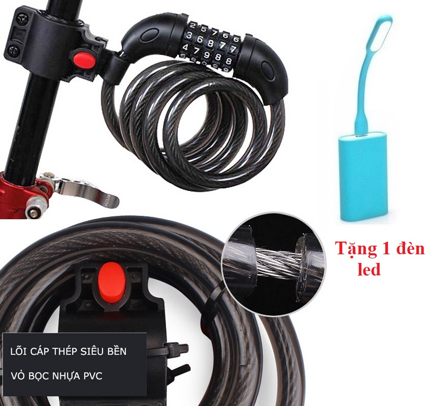 Khóa dây xe đạp 5 số dài 1.2m đổi được mã Tặng 1 đèn led cắm cổng USB