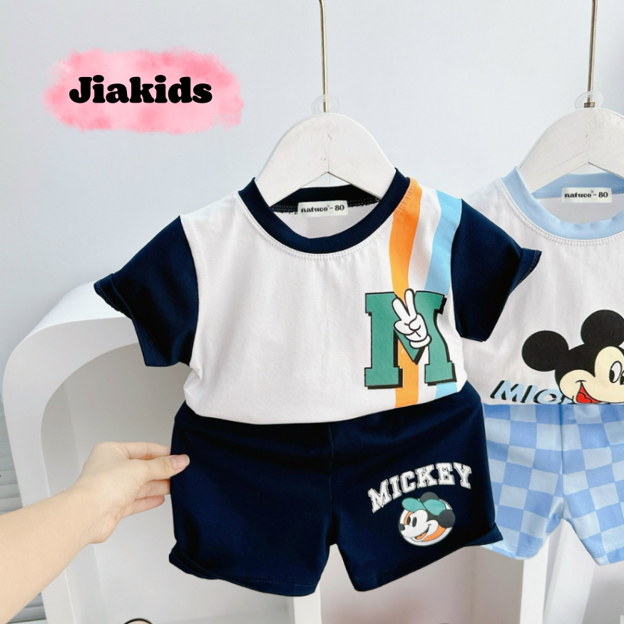 Bộ Quần Áo Trẻ Em NATUCO, Chất Cotton Thoáng Mát, Quần Màu, Hình Micky Mouse Cho Bé 8-27kg TN-IN189