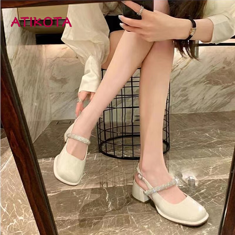 Atikota Giày cao gót mũi vuông thời trang phong cách retro cho nữ
