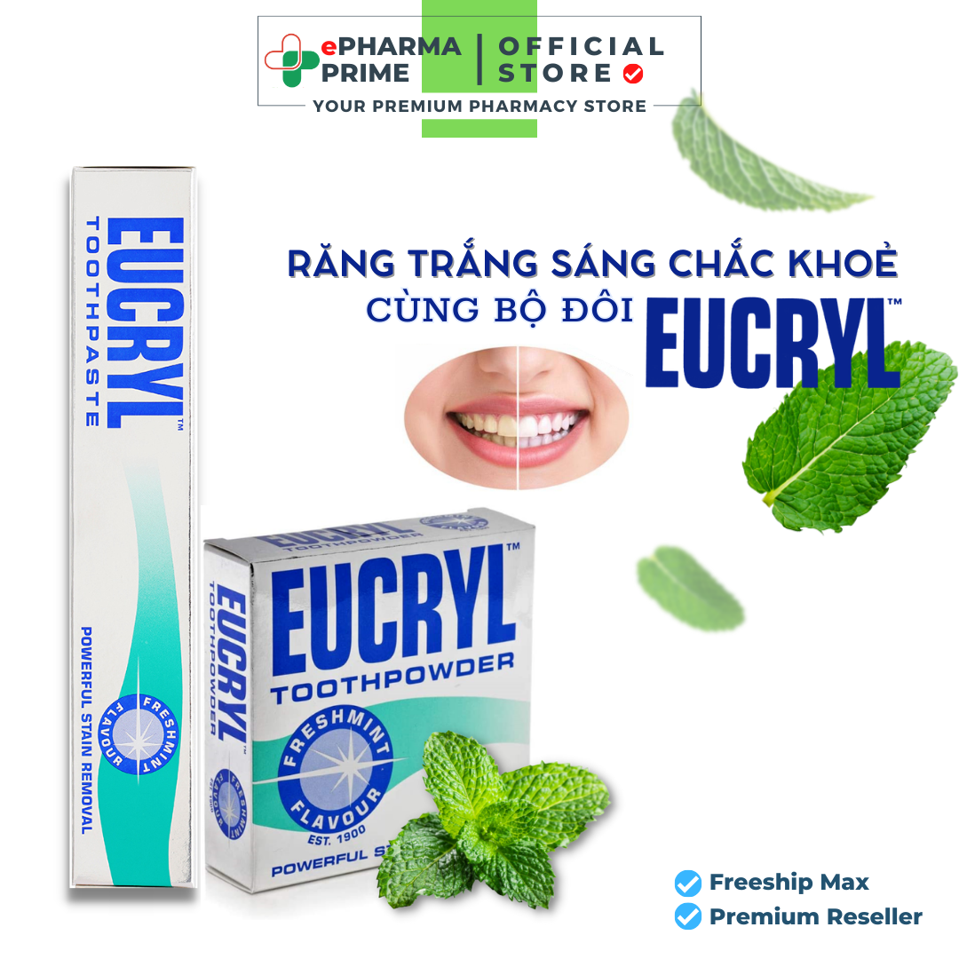 Bột Tẩy Trắng Răng Eucryl Powerful Stain Removal Toothpowder 50g + Kem Đánh Răng Tẩy Trắng Eucryl Toothpaste 62g
