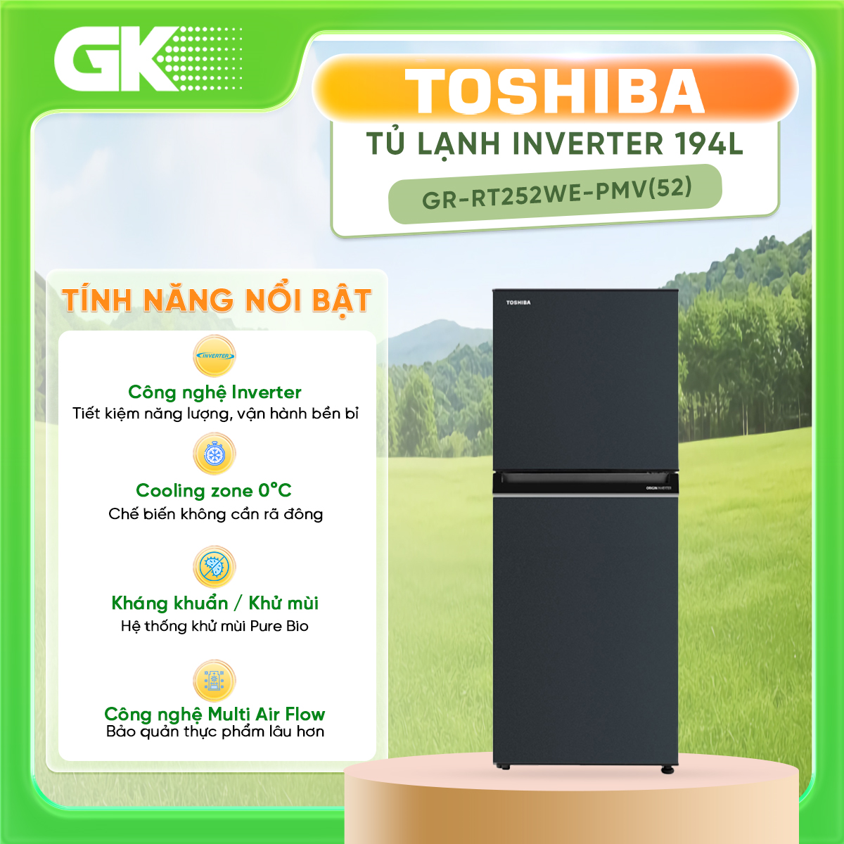 Tủ lạnh Toshiba inverter 194 lít GR-RT252WE-PMV(52) - GIAO TOÀN QUỐC