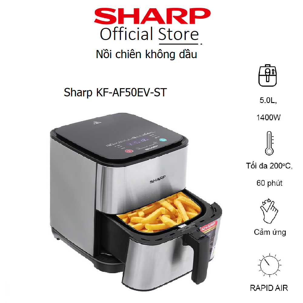 Nồi Chiên Không Dầu Sharp KF-AF50EV-ST Chống dính 5 Lit Thép không gỉ Công suất 1450W - Bảo hành 12 tháng chính hãng