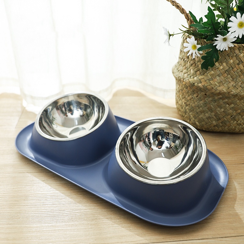 Bát ăn cho chó mèo đôi, bát ăn cho chó 2 ngăn 2 bát inox tháo rời, bát ăn chống kiến, bát ăn chống gù 40x23cm - bompet