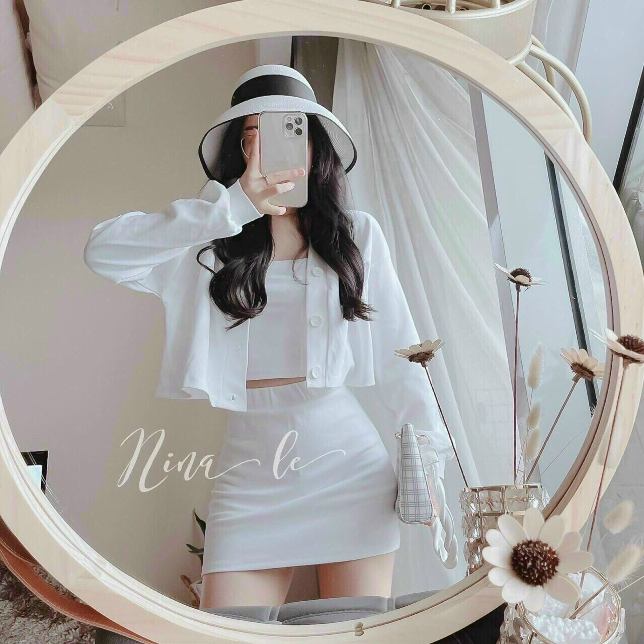 Áo kiểu kèm khoác và chân váy set ba món siêu cute ba màu xanh hồng và trắng
