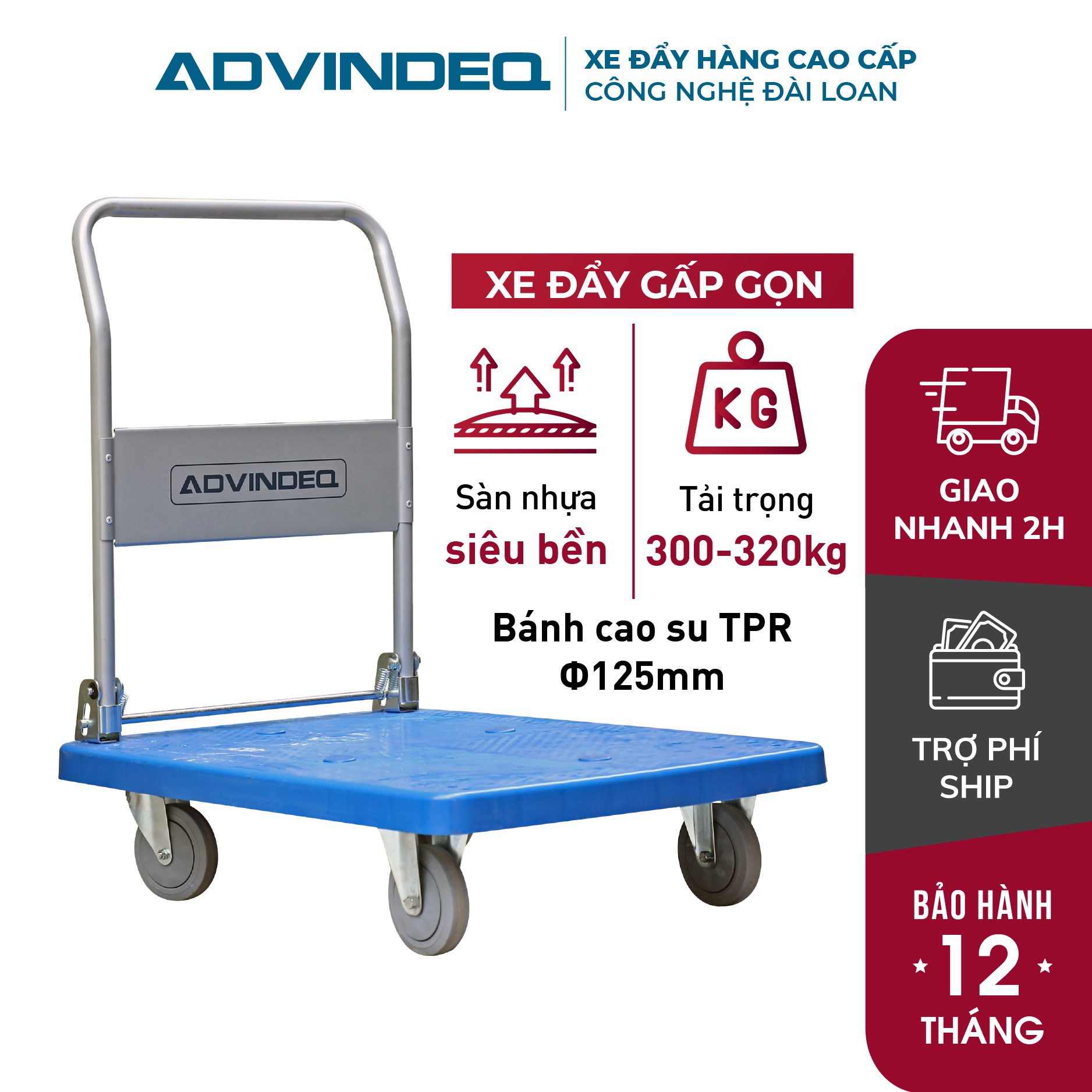Xe đẩy hàng 4 bánh  tải trọng 320kg  gấp gọn nhập khẩu ADVINDEQ PT-300, bánh xe chống ồn, xe kéo hàng- Bảo hành 1 năm