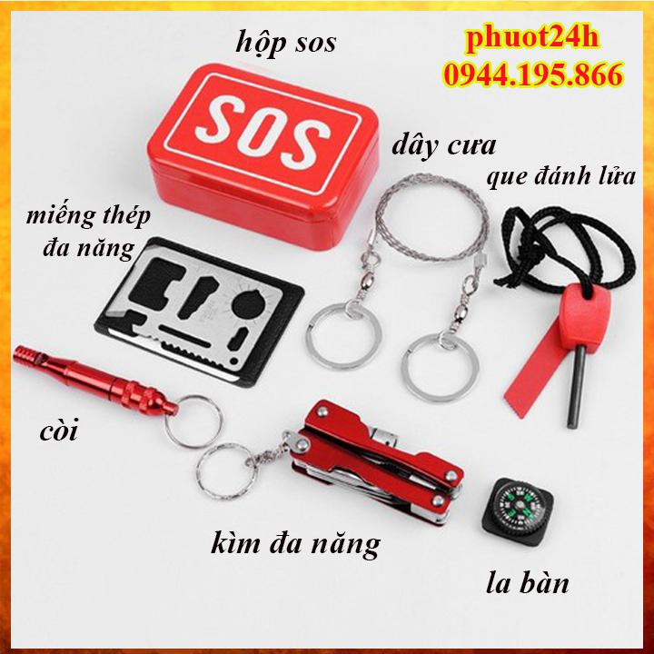 Bộ dụng cụ sinh tồn SOS 6 món - kìm đa năng + dây cưa + còi + la bàn + đánh lửa + thép đa năng