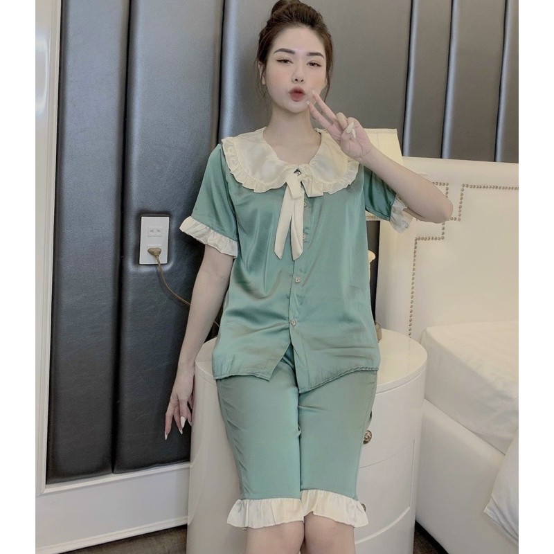 Đồ ngủ bộ đồ pijama lụa tiểu thư áo cộc quần lửng cổ nơ dễ thương