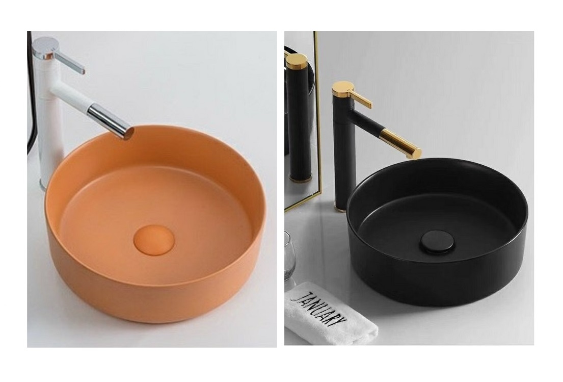 Chậu rửa mặt hay lavabo để bàn bằng sứ kiểu tròn, màu cam hoặc đen, thiết kế hiện đại