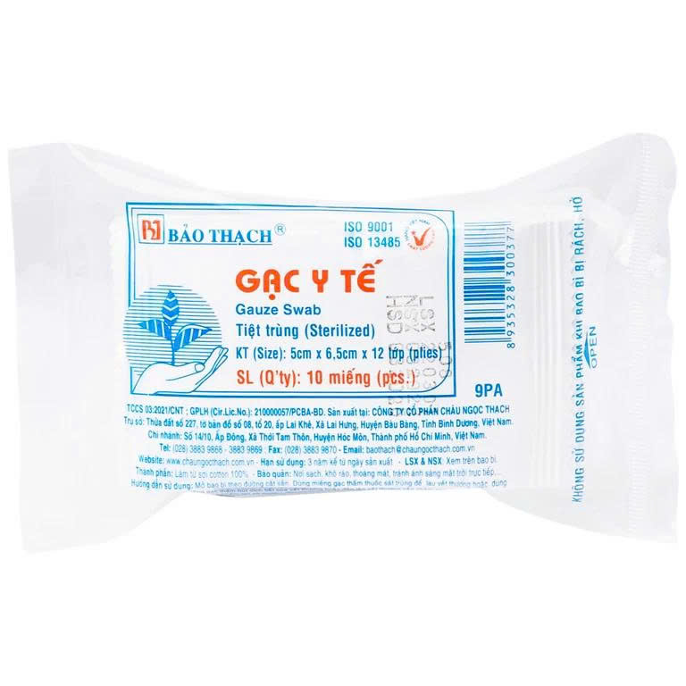 [DR. HANH] Gạc tiệt trùng Bảo Thạch nhỏ 5x6.5cm x 12 lớp (10 miếng) sơ cứu vết thương, thấm máu và dịch tiết