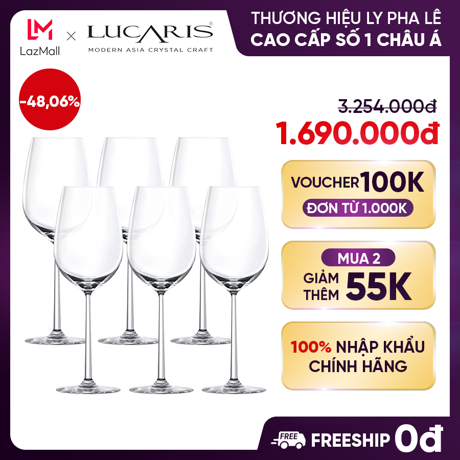 Bộ 6 ly uống rượu vang đỏ pha lê cao cấp lucaris beaujolais 515ml nhập khẩu chính hãng không chứa chì - shanghai s03bj18