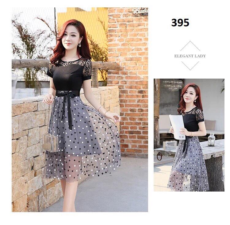 Đủ bigsize 40-70kg váy đầm dáng xòe ren lưới hở vai đẹp giá rẻ trẻ trung công sở trung niên họa tiết m l xl xxl