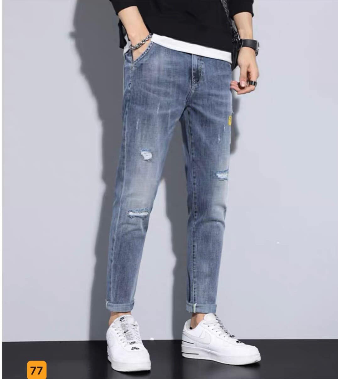77 & 97 & 106 men s stretch solid blue high-grade jeans shorts