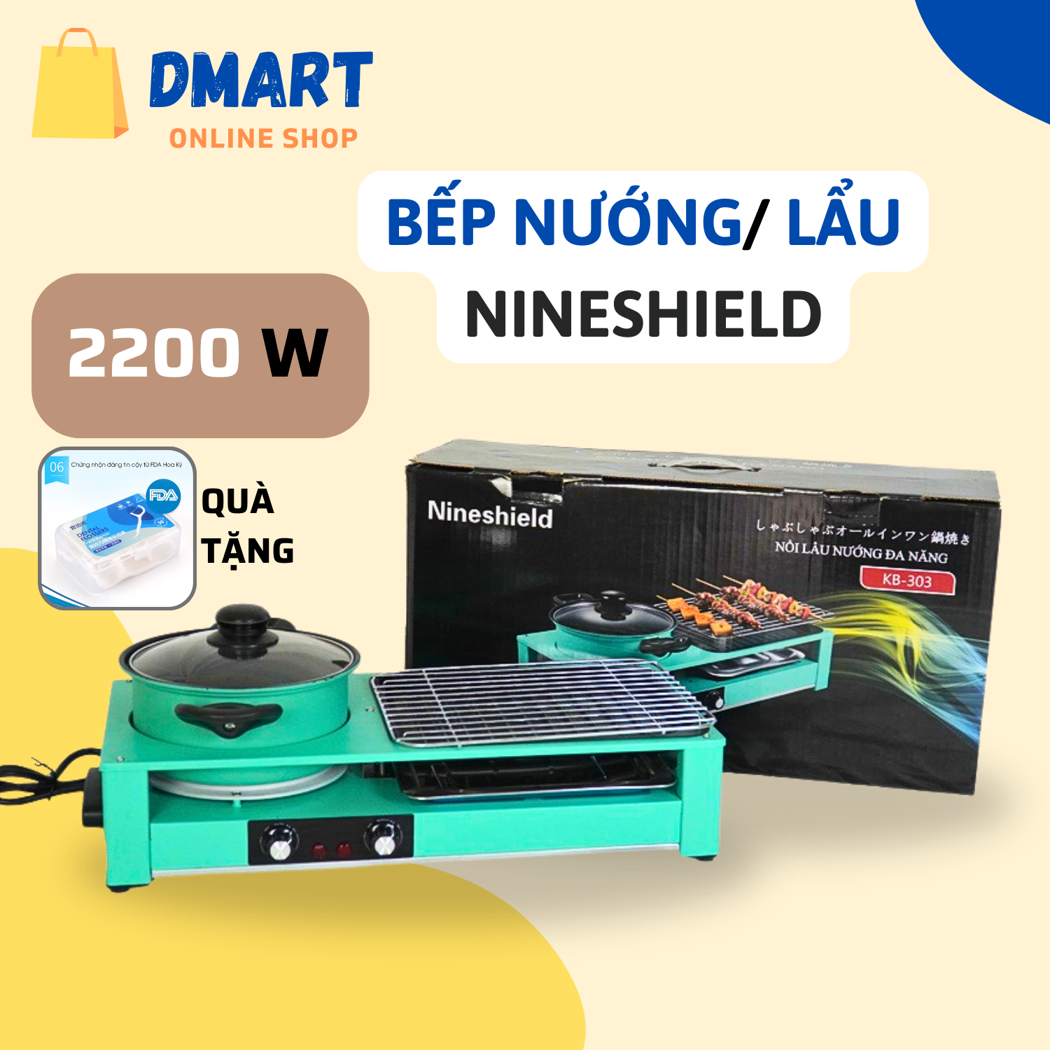 Bếp nướng điện Nineshield 2200W - Hàng chính hãng - Bảo Hành 12 Tháng - Bếp lẩu nướng đa năng - Bếp lẩu nướng gia đình