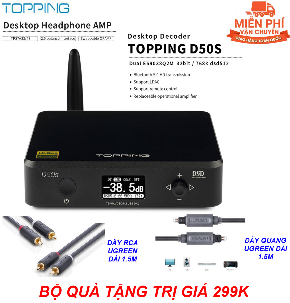 Quà tặng tri gia 299k - dac topping d50s 2xes9038q2m 32bit dsd512 bluetooth - bộ giải mã topping dac d50s bluetooth 2020 - dac topping d50s hỗ trợ nghe nhạc lossless 32bit/768khz