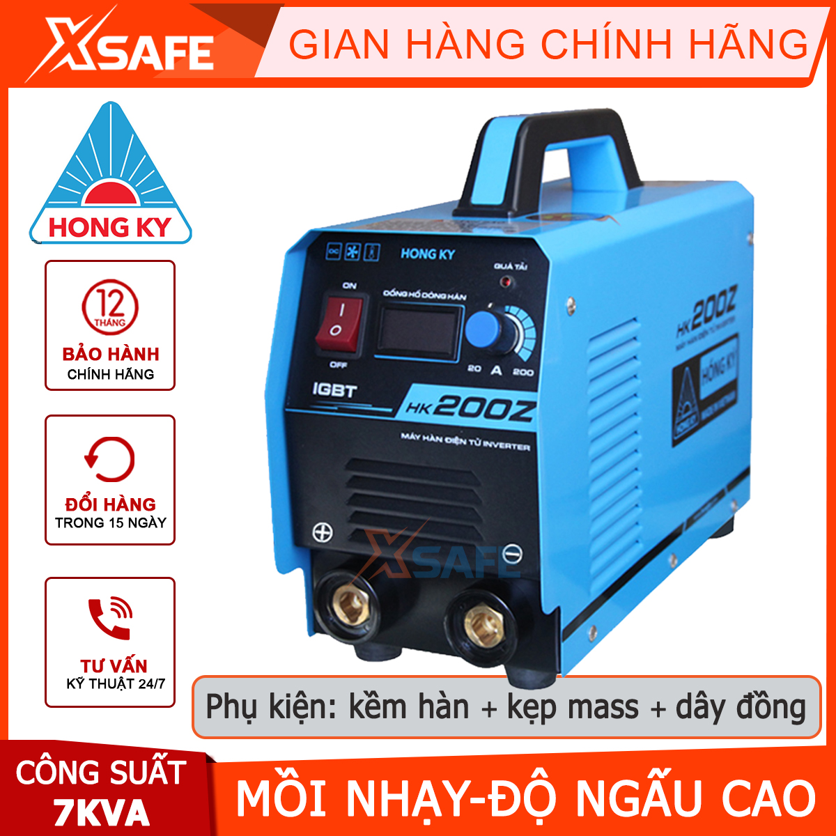 Máy hàn điện tử inverter Hồng Ký HK200Z 200 ampe/mối hàn đẹp-độ ngấu cao/chế độ chống giật, chống quá tải, quá nhiệt, độ nhạy cao, hàn que 3.2mm liên tục