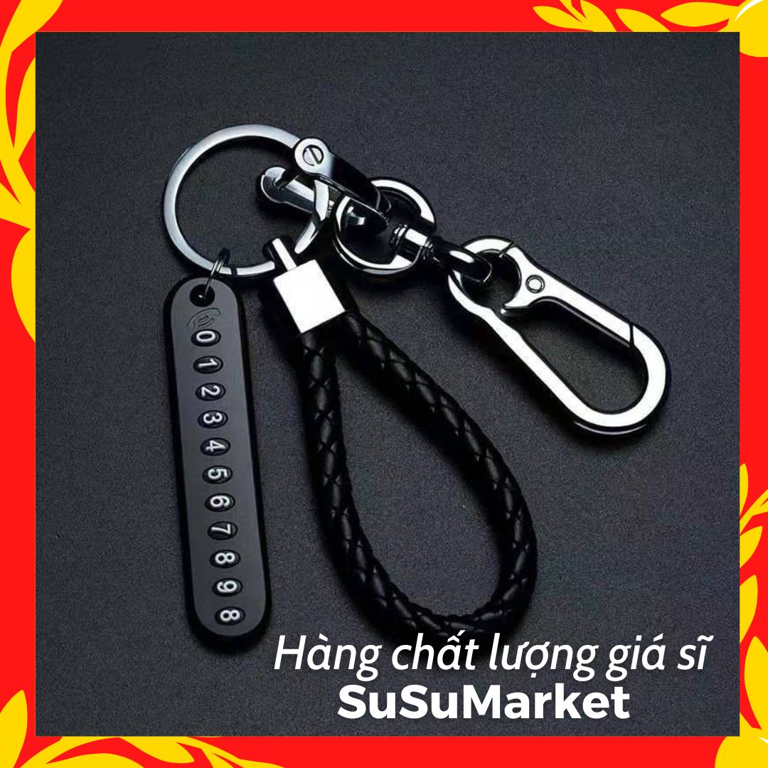 Bộ móc khoá dây da kèm số điện thoại