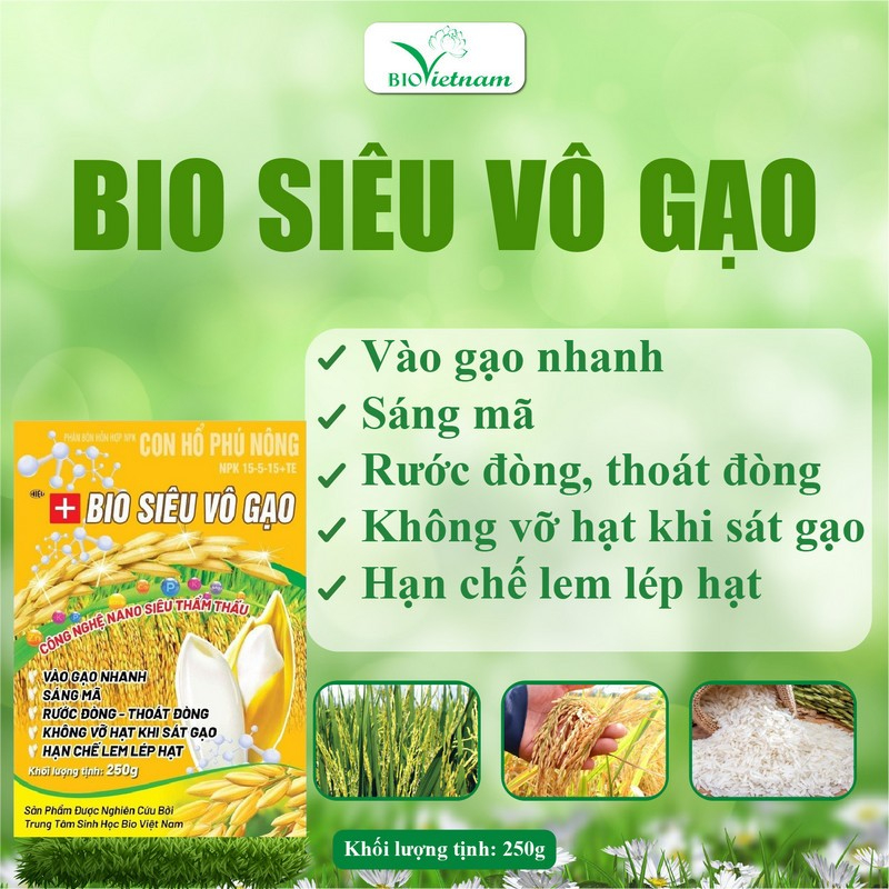 Phân bón Bio Siêu Vô Gạo NPK 15-5-15 TE chuyên dùng cho lúa giai đoạn cong trái me, trổ đòng - Gói 250g